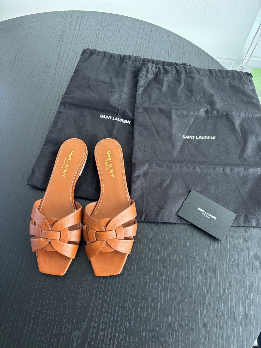 Saint Laurent Tribute Tan Leather Woven Slide Sandals EU 37 Authentic